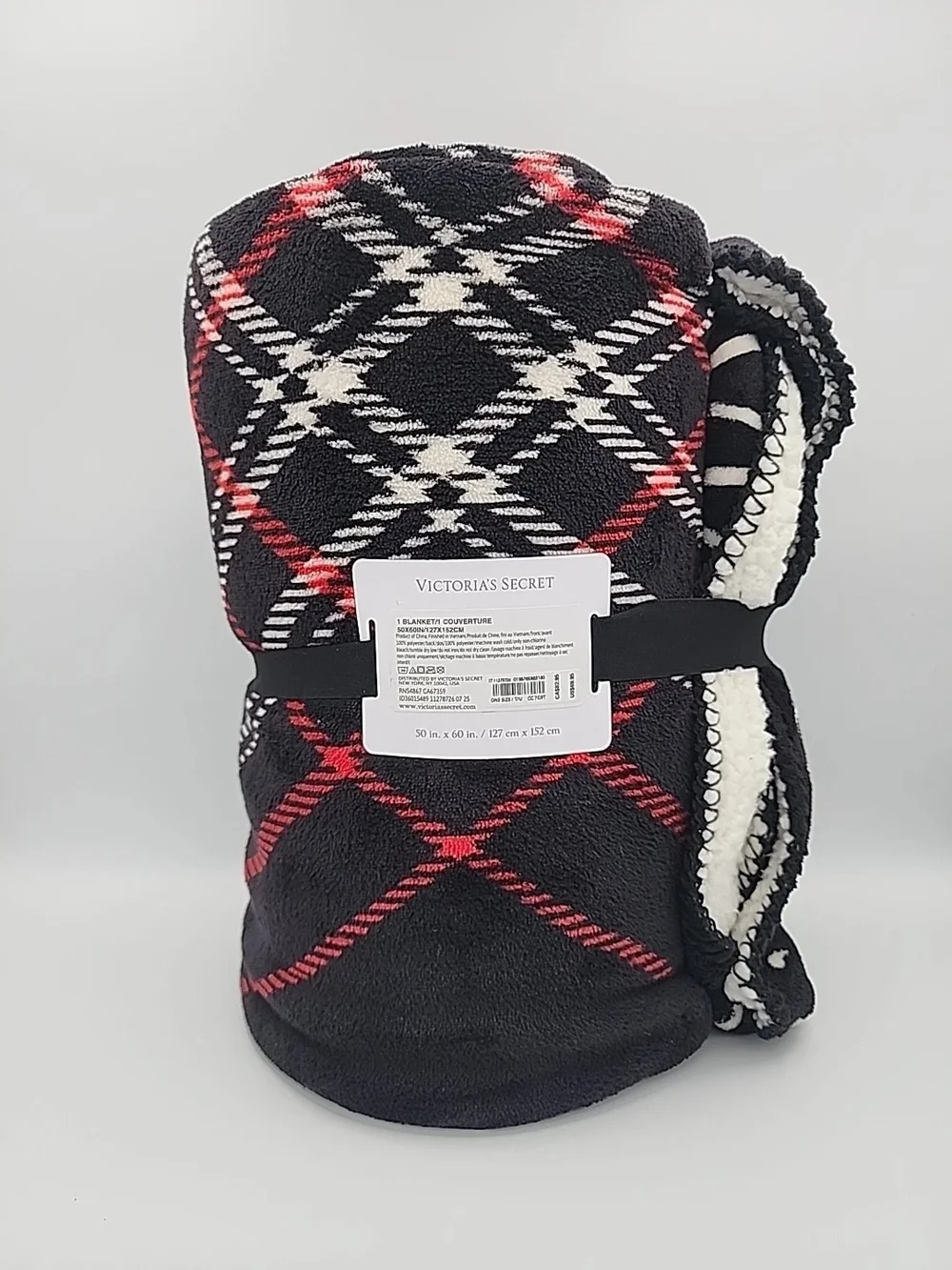 Victoria' Secret Cozy Plush Black Red White Plaid Sherpa Blanket Christmas NEW